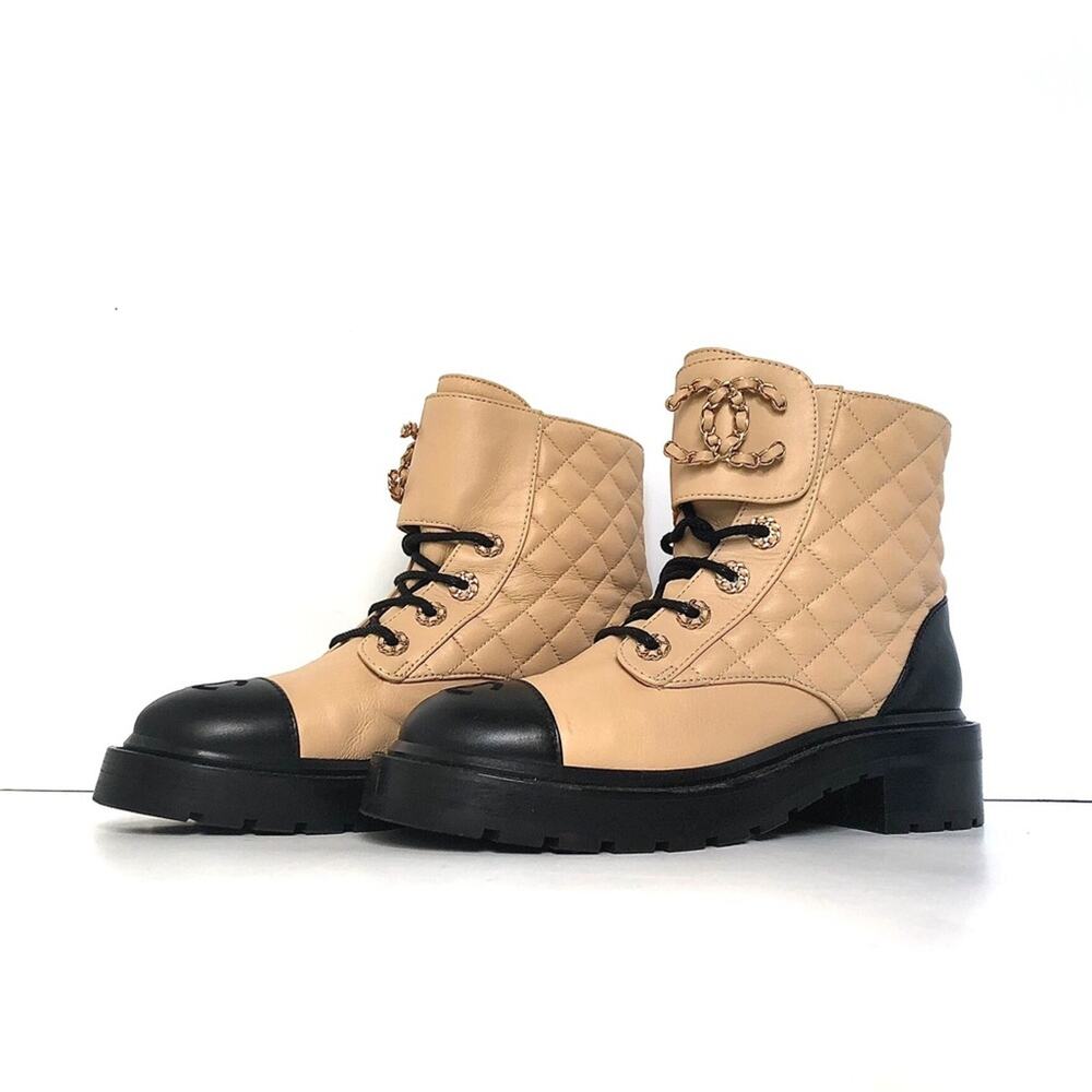Chanel Quilted CC Chain Brave Lambskin Calfskin Cap Toe Combat Short Boots 37